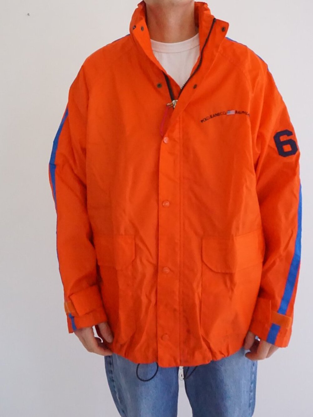 Vintage Polo Jeans Co Ralph Lauren Orange Navy Blue Striped #67 Hooded Sailor XL